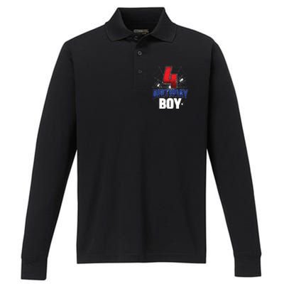 Four 4 Year Old 4th Birthday Boy Spider Web 4yr Party Performance Long Sleeve Polo