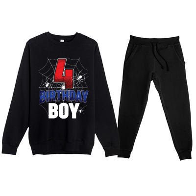 Four 4 Year Old 4th Birthday Boy Spider Web 4yr Party Premium Crewneck Sweatsuit Set