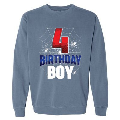 Four 4 Year Old 4th Birthday Boy Spider Web 4yr Party Garment-Dyed Sweatshirt