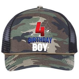 Four 4 Year Old 4th Birthday Boy Spider Web 4yr Party Retro Rope Trucker Hat Cap