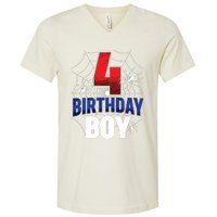 Four 4 Year Old 4th Birthday Boy Spider Web 4yr Party V-Neck T-Shirt