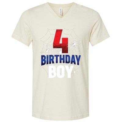 Four 4 Year Old 4th Birthday Boy Spider Web 4yr Party V-Neck T-Shirt