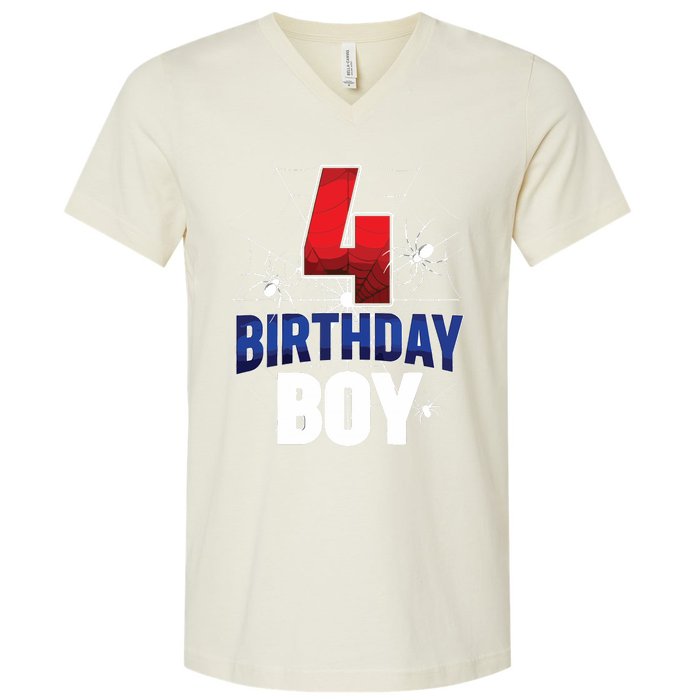 Four 4 Year Old 4th Birthday Boy Spider Web 4yr Party V-Neck T-Shirt