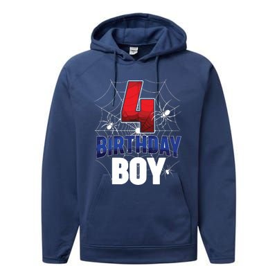 Four 4 Year Old 4th Birthday Boy Spider Web 4yr Party Performance Fleece Hoodie