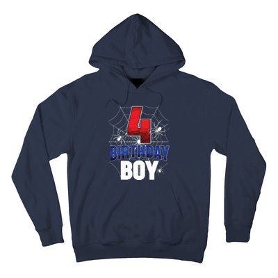 Four 4 Year Old 4th Birthday Boy Spider Web 4yr Party Hoodie