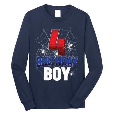 Four 4 Year Old 4th Birthday Boy Spider Web 4yr Party Long Sleeve Shirt