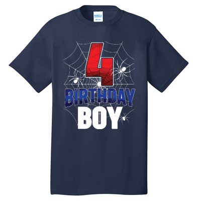 Four 4 Year Old 4th Birthday Boy Spider Web 4yr Party Tall T-Shirt