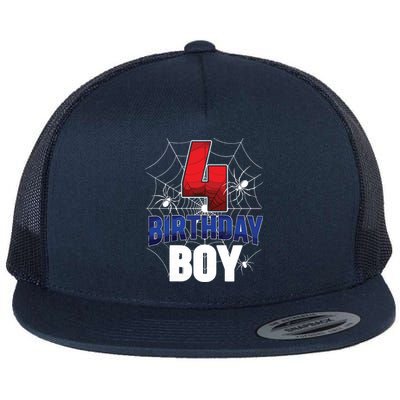 Four 4 Year Old 4th Birthday Boy Spider Web 4yr Party Flat Bill Trucker Hat