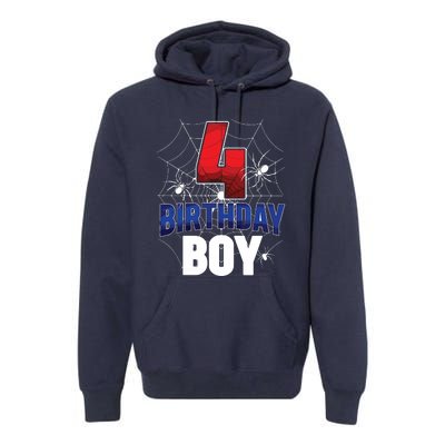 Four 4 Year Old 4th Birthday Boy Spider Web 4yr Party Premium Hoodie