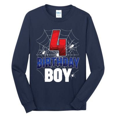 Four 4 Year Old 4th Birthday Boy Spider Web 4yr Party Tall Long Sleeve T-Shirt