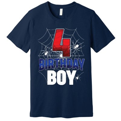 Four 4 Year Old 4th Birthday Boy Spider Web 4yr Party Premium T-Shirt