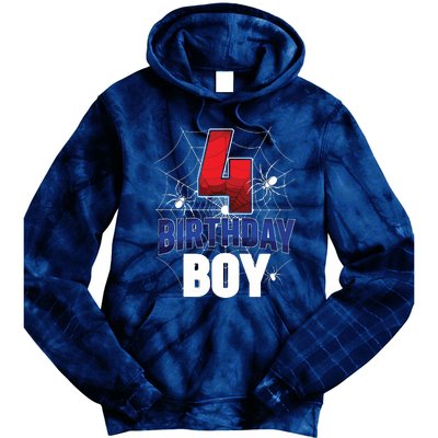 Four 4 Year Old 4th Birthday Boy Spider Web 4yr Party Tie Dye Hoodie