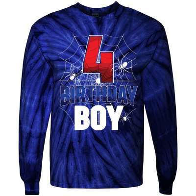 Four 4 Year Old 4th Birthday Boy Spider Web 4yr Party Tie-Dye Long Sleeve Shirt