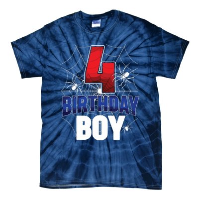 Four 4 Year Old 4th Birthday Boy Spider Web 4yr Party Tie-Dye T-Shirt