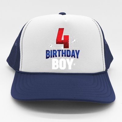 Four 4 Year Old 4th Birthday Boy Spider Web 4yr Party Trucker Hat