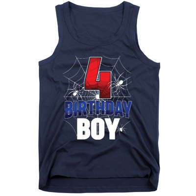 Four 4 Year Old 4th Birthday Boy Spider Web 4yr Party Tank Top