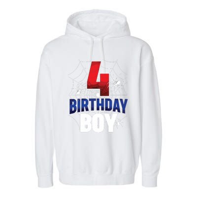 Four 4 Year Old 4th Birthday Boy Spider Web 4yr Party Garment-Dyed Fleece Hoodie