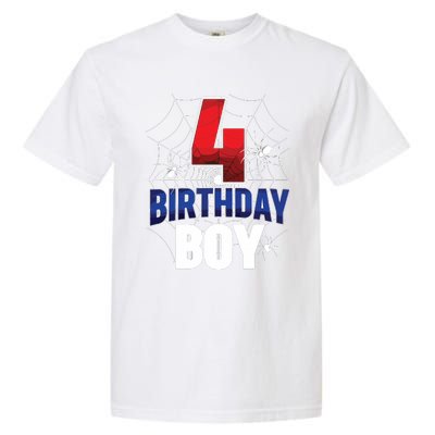 Four 4 Year Old 4th Birthday Boy Spider Web 4yr Party Garment-Dyed Heavyweight T-Shirt