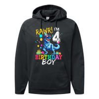 Funny 4 Year Old 4th Birthday T Rex Dinosaur Performance Fleece Hoodie