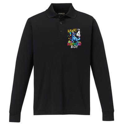 Funny 4 Year Old 4th Birthday T Rex Dinosaur Performance Long Sleeve Polo