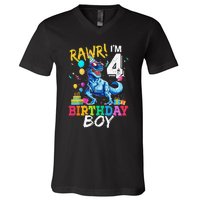 Funny 4 Year Old 4th Birthday T Rex Dinosaur V-Neck T-Shirt