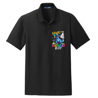 Funny 4 Year Old 4th Birthday T Rex Dinosaur Dry Zone Grid Polo