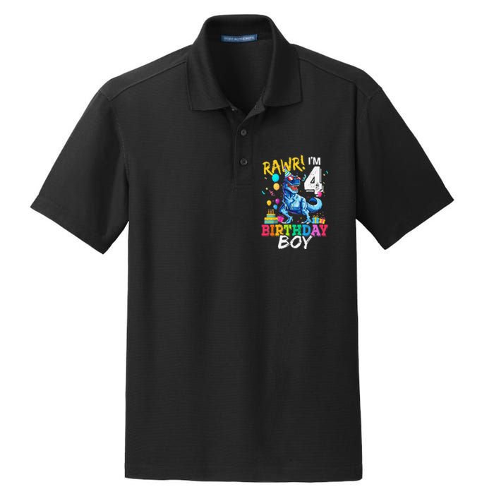 Funny 4 Year Old 4th Birthday T Rex Dinosaur Dry Zone Grid Polo