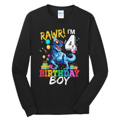 Funny 4 Year Old 4th Birthday T Rex Dinosaur Tall Long Sleeve T-Shirt