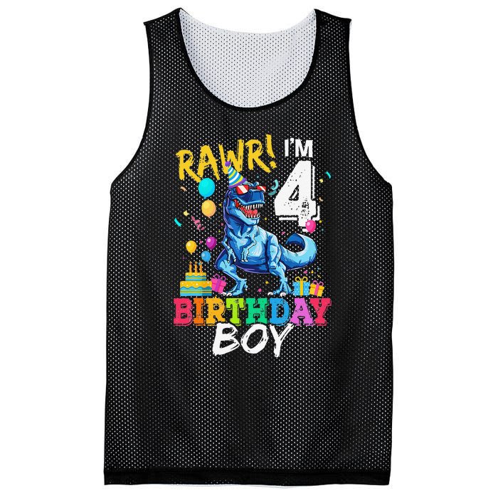 Funny 4 Year Old 4th Birthday T Rex Dinosaur Mesh Reversible Basketball Jersey Tank