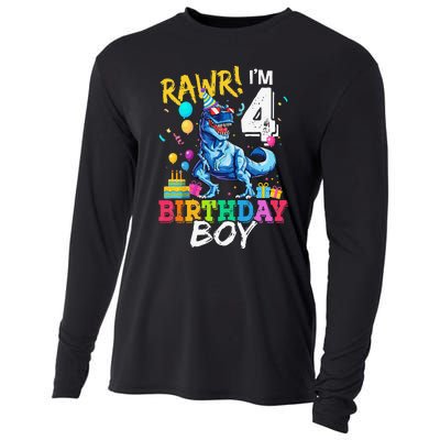 Funny 4 Year Old 4th Birthday T Rex Dinosaur Cooling Performance Long Sleeve Crew