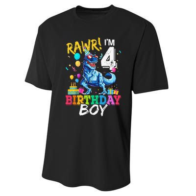 Funny 4 Year Old 4th Birthday T Rex Dinosaur Performance Sprint T-Shirt