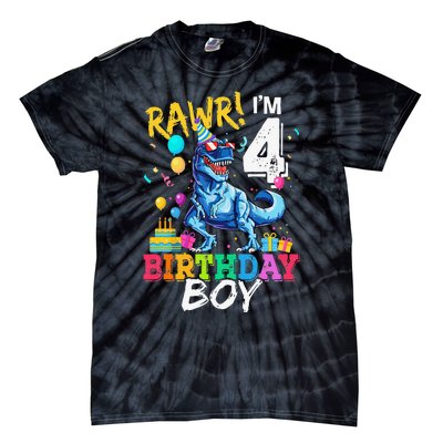 Funny 4 Year Old 4th Birthday T Rex Dinosaur Tie-Dye T-Shirt