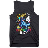 Funny 4 Year Old 4th Birthday T Rex Dinosaur Tank Top