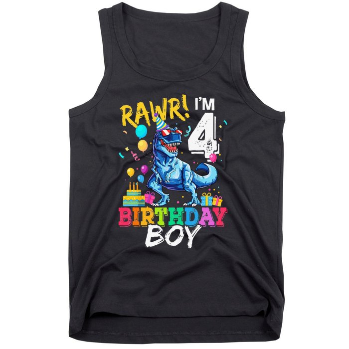 Funny 4 Year Old 4th Birthday T Rex Dinosaur Tank Top