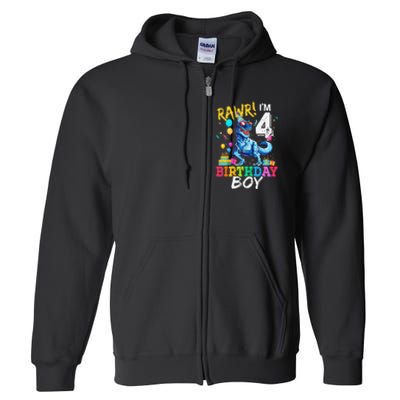 Funny 4 Year Old 4th Birthday T Rex Dinosaur Full Zip Hoodie