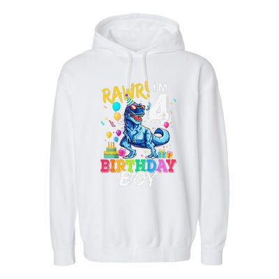 Funny 4 Year Old 4th Birthday T Rex Dinosaur Garment-Dyed Fleece Hoodie