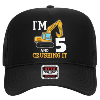 Five 5yr 5th Birthday Digger Construction 5 Years Old High Crown Mesh Back Trucker Hat