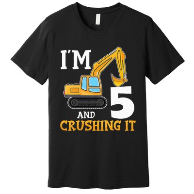 Five 5yr 5th Birthday Digger Construction 5 Years Old Premium T-Shirt