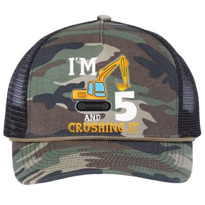 Five 5yr 5th Birthday Digger Construction 5 Years Old Retro Rope Trucker Hat Cap