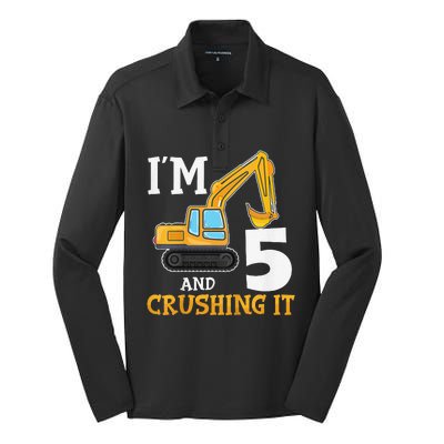 Five 5yr 5th Birthday Digger Construction 5 Years Old Silk Touch Performance Long Sleeve Polo