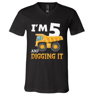 Five 5yr 5th Birthday Construction 5 Years Old V-Neck T-Shirt