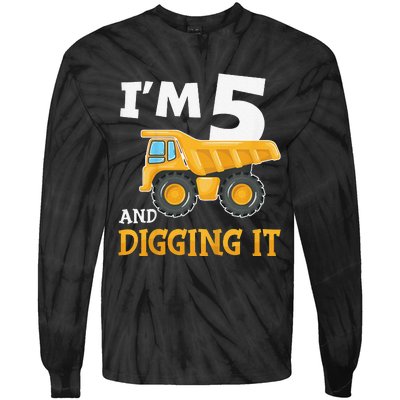 Five 5yr 5th Birthday Construction 5 Years Old Tie-Dye Long Sleeve Shirt