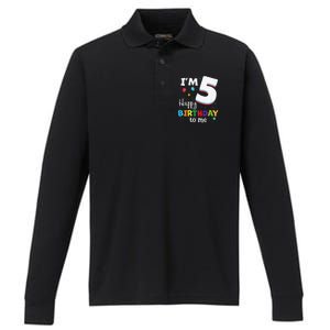 Five 5yr 5th Birthday Happy Birthdays 5 Years Old Performance Long Sleeve Polo