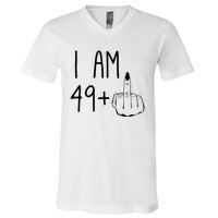 Funny 50th Birthday Women Girl: I Am 49 Plus 1 Middle Finger V-Neck T-Shirt