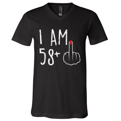 Funny 59th Birthday Gift For Women I Am 58 Plus 1 Middle Finger For A 59 V-Neck T-Shirt