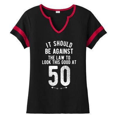 Funny 50th Birthday Gag Gift Idea 50 Year Old Joke Ladies Halftime Notch Neck Tee