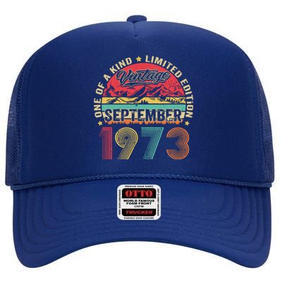 Funny 50 Year Old September 1973 Vintage Retro 50th Birthday High Crown Mesh Back Trucker Hat