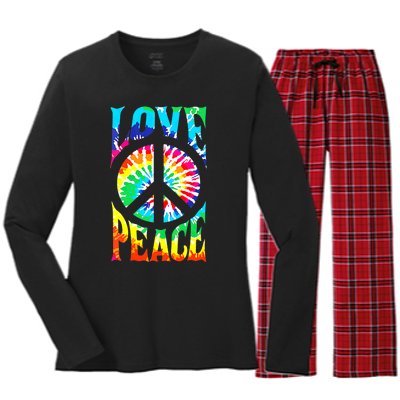 Funny 60s 70s Tie Dye Peace Hand Sign Hippie Women's Long Sleeve Flannel Pajama Set 