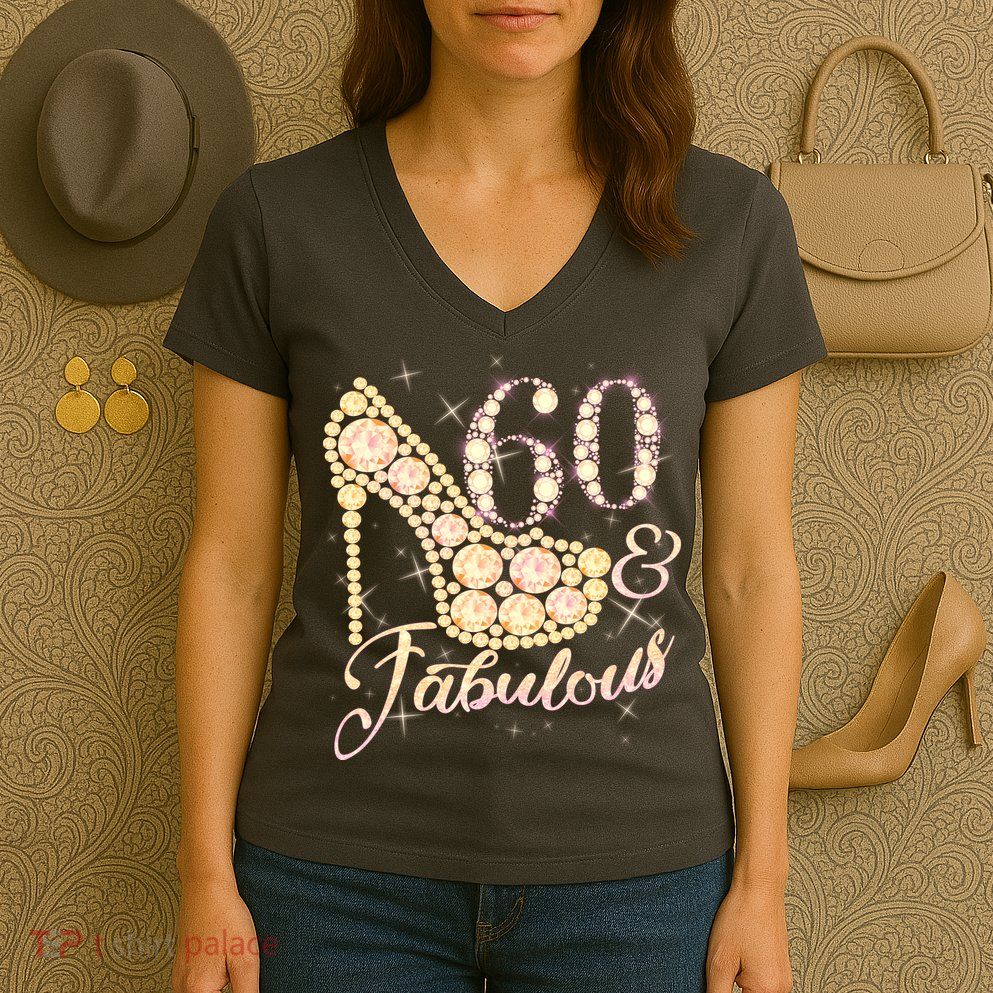 Fabulous & 60 Sparkly Heel 60th Birthday Women's V-Neck T-Shirt