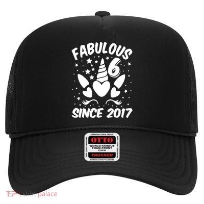 Fabulous 6 Since 2017 Unicorn Birthday High Crown Mesh Back Trucker Hat